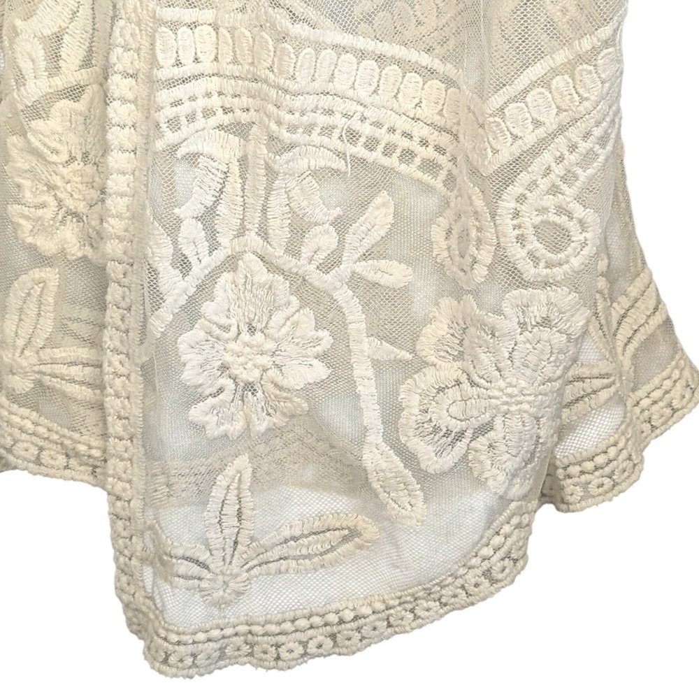 Ivory Floral Embroidered Mesh Kimono Duster Open Front Bohemian Boudoir Cardigan - Picture 3 of 5